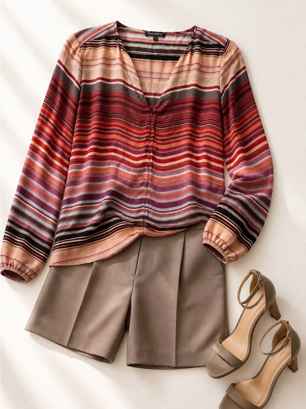 Michael Stars Striped V-Neck Blouse in Red, Burgundy, Cream